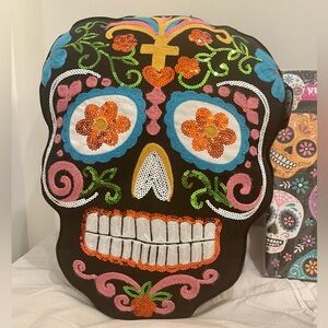 NWT Dia De Los Muertos Sequinced Skull Shaped Decorative Throw Pillow